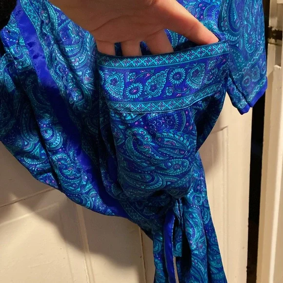 Silk Robe Paisley Turquoise Indigo Flowers With Belt - Picture 5 of 8